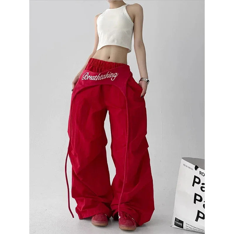 Korean Y2K Cargo Pants Women Streetwear Letter Print Baggy Sweatpants Gyaru Harajuku Wide Leg Joggers Summer Casual Trousers