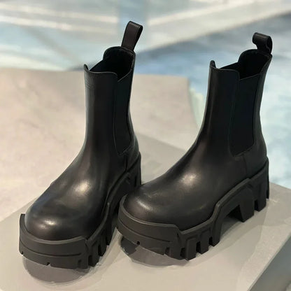 Retro Chelsea Mid-Calf for Women  New round Toe Muffin Gear Platform Black Mid-Calf Length Motorcycle Boots