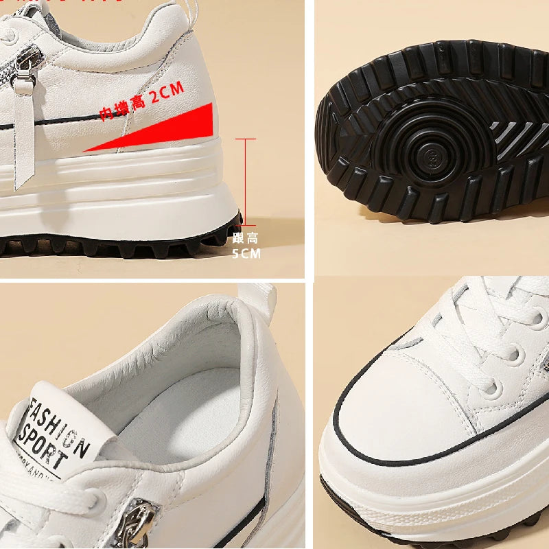 Fujin 7cm Genuine Leather Women Platform Shoes Wedge Sneakers Lace Up