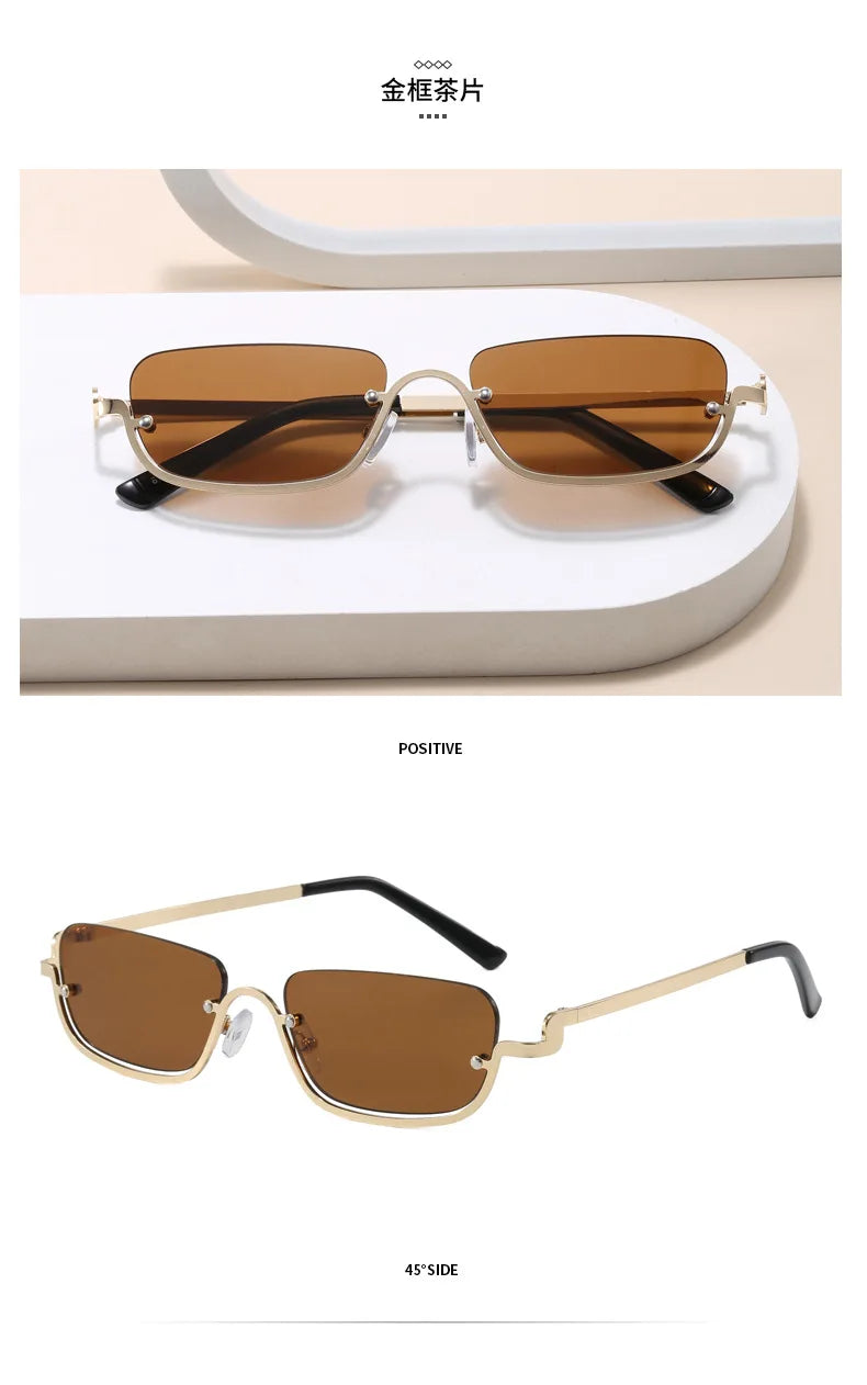Luxury Brand Designer Half-Rim Rectangular Sunglasses Women Vintage Small Frame Sun Glasses Ladies Geometric Square Eyewear