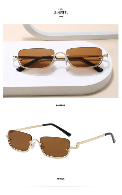 Luxury Brand Designer Half-Rim Rectangular Sunglasses Women Vintage Small Frame Sun Glasses Ladies Geometric Square Eyewear