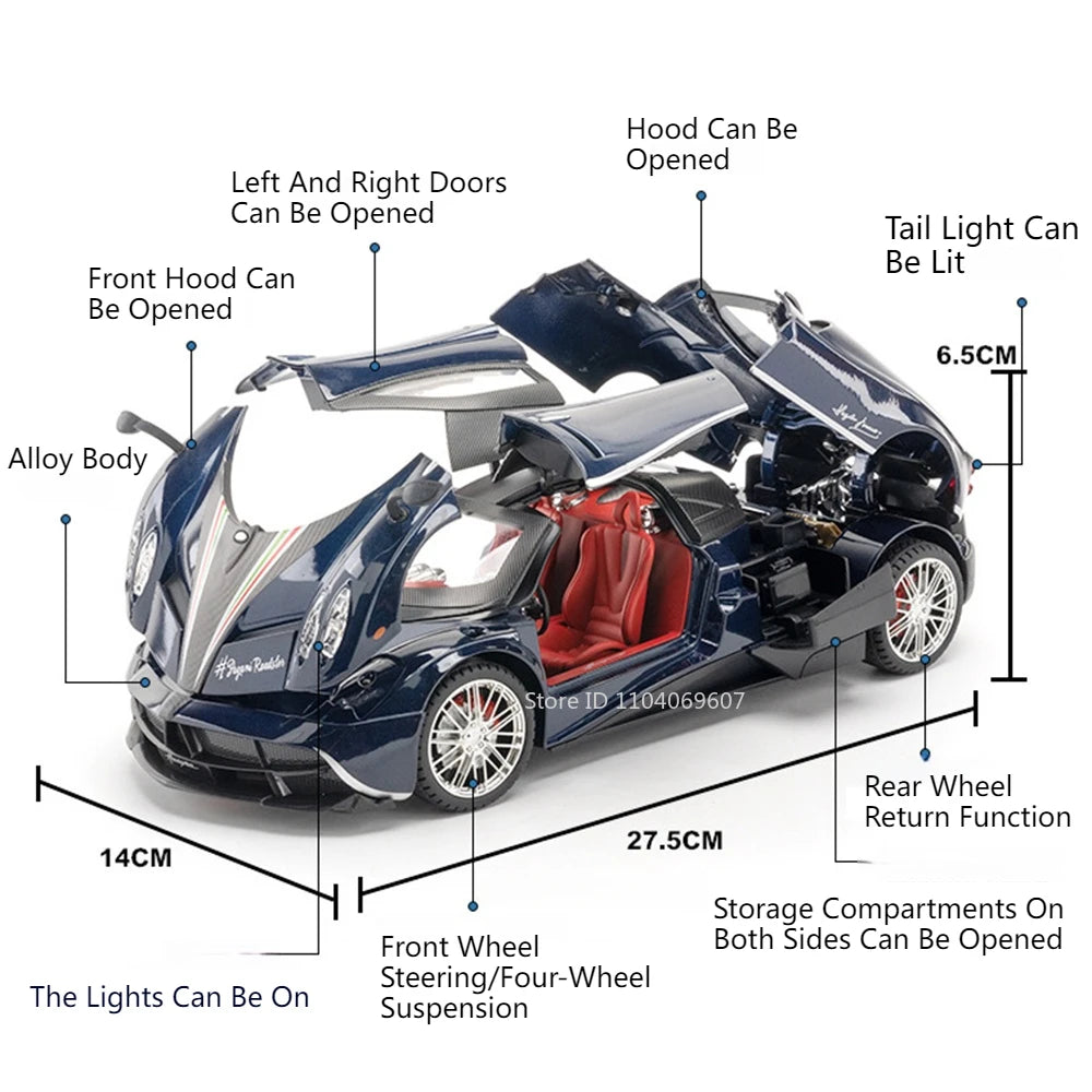 Pagani Huayra 1:18 Model Car Diecast Alloy Sport Cars Sound Light Pull Back Shock Absorption Models Festival Gift