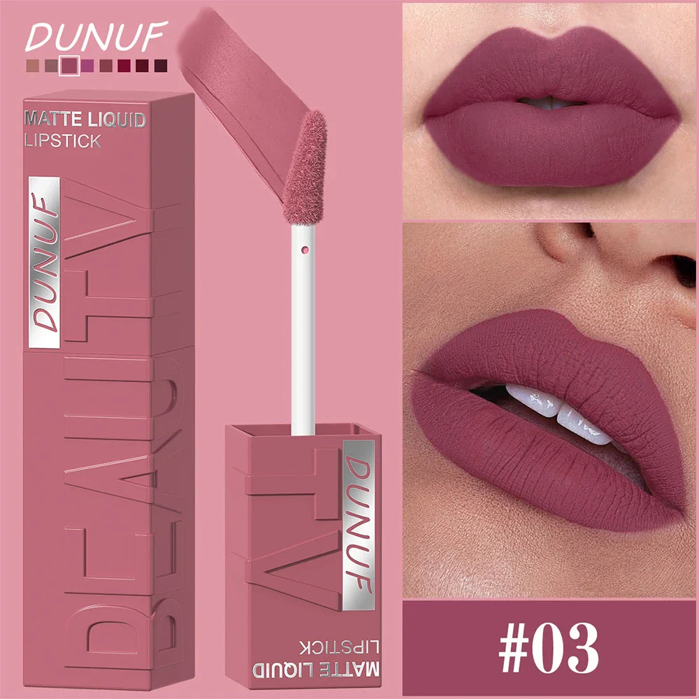 DUNUF  8-color matte velvet smooth easy-to-apply square tube lip gloss waterproof three-dimensional plumping lipstick