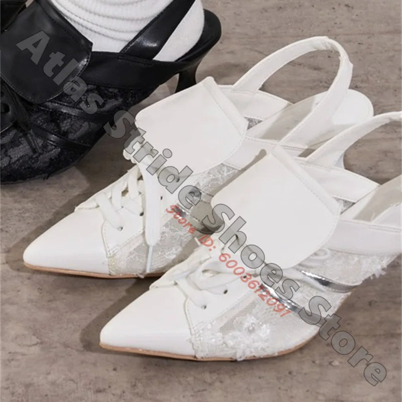 Retro Suede Slingback Sexy Pumps Women White Lace Up Stripe Patchwork Pointed Toe Stiletto Heel Party Sandals