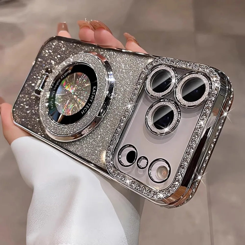 Suitable for iPhone17/16/15/14/13/12/11 Case With Lens Film 16 Anti-drop 15 Rhinestone Glitter Magnetic Stand