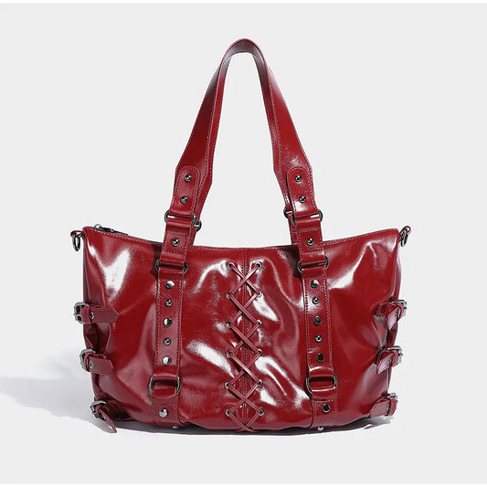 Rivet Decor Design Vintage Denim Women's Handbag Fashion High End Lace-up Punk Motorcycle Bag Ladies Large Capacity Travel Bag