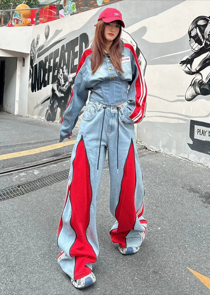 European Style Women's Jeans 2026 Spring New Heavy Zipper Pleated Color-Block Design Loose Trendy Long Pants