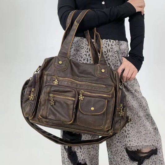 Y2K women's personalized washed used motorcycle tote bag with large capacity and multiple pockets, vintage crossbody bag