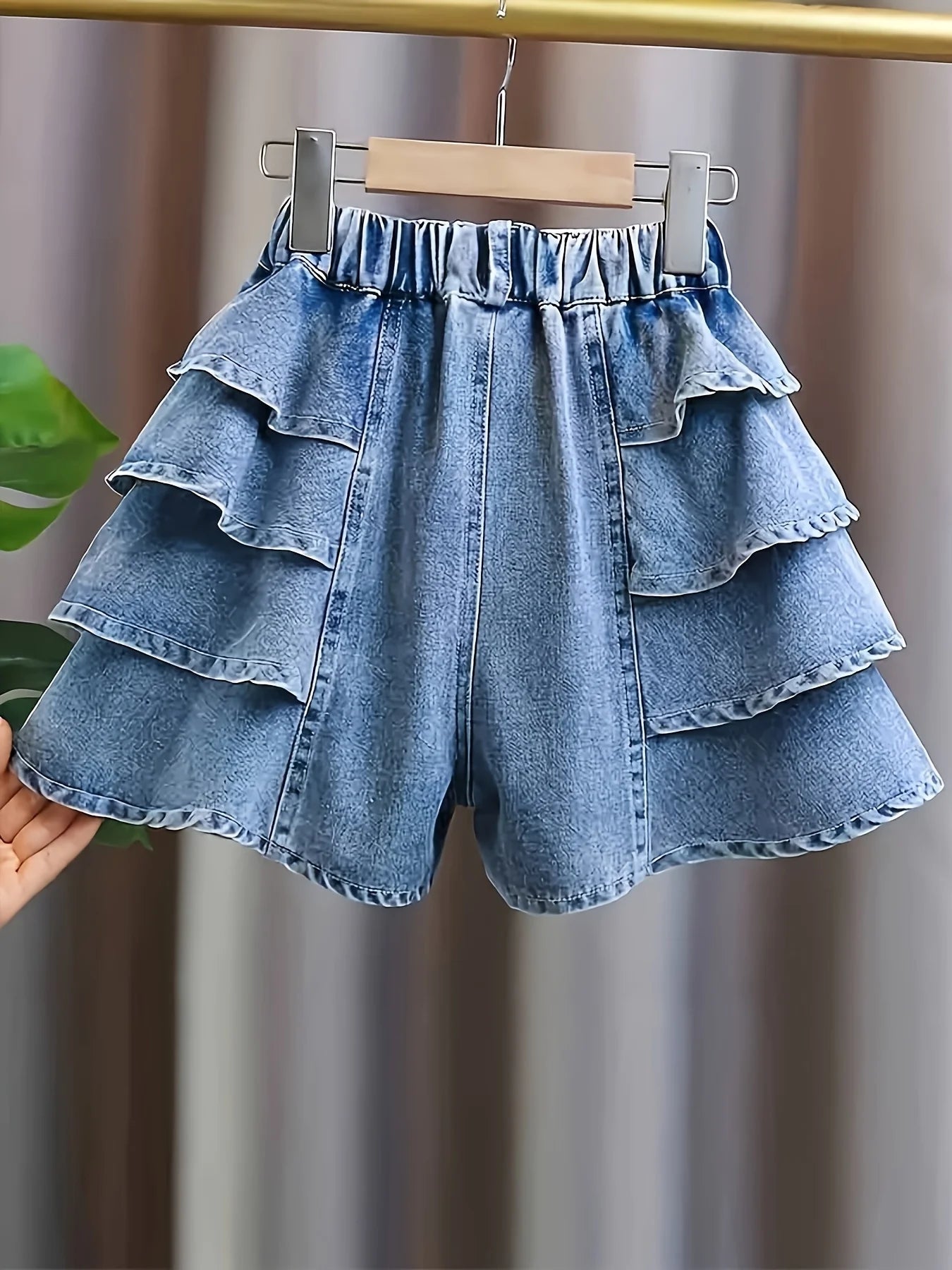 Girls Summer Pleated Frill Denim Shorts Fashionable Lightweight Beach Seaside Holiday Wear for Kids.Full elastic waistband