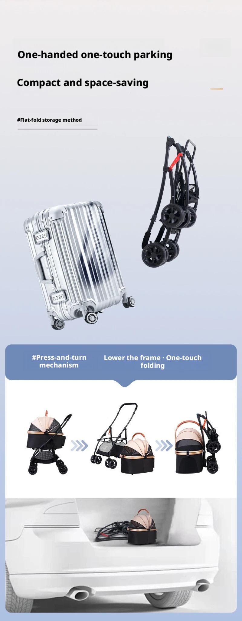 Pet Stroller 2-in-1 Detachable with Removable Lightweight Carrier Basket One-Click Fold 4-Wheel Dog Cat Trolley Breathable Mesh Windows Large Storage Space for Small Medium Pets
