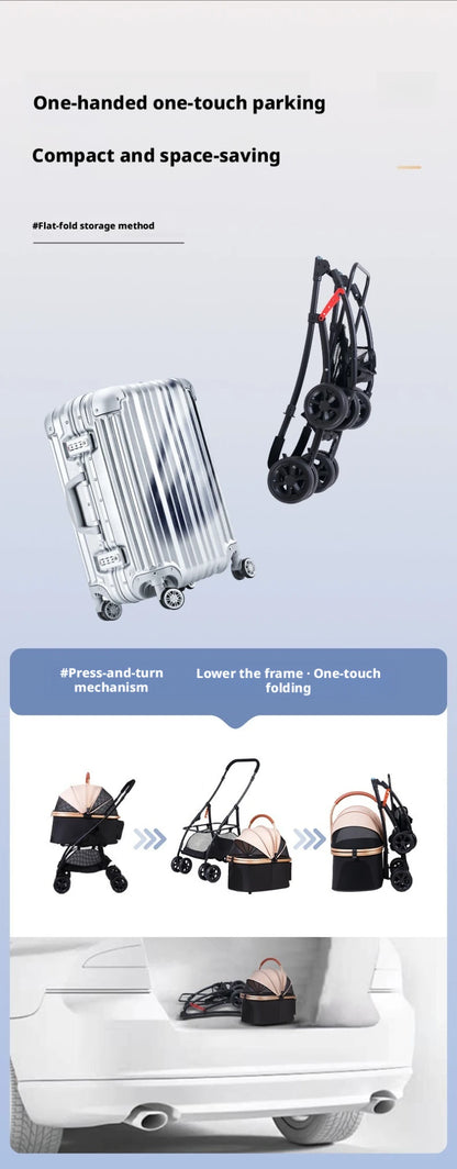 Pet Stroller 2-in-1 Detachable with Removable Lightweight Carrier Basket One-Click Fold 4-Wheel Dog Cat Trolley Breathable Mesh Windows Large Storage Space for Small Medium Pets