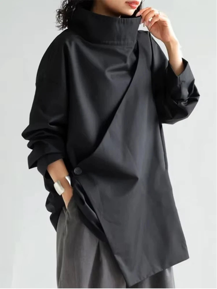 Gymystars 2026 New Black Long Sleeves Loose High Neck T-Shirts Tops Womens Spring Autumn Buttoned Casual Simpie Top