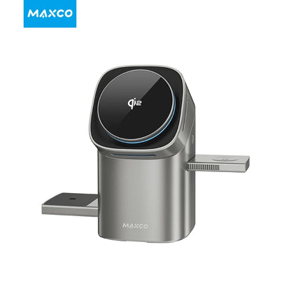 MAXCO Qi2 3-in-1 Wireless charger with Auto-Rotating Phone Dock compatible with MagSafe for iPhone Apple Watch Ultra 2 Airpods