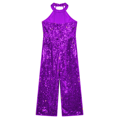Kids Girls Jazz Dance Performance Jumpsuit Shiny Sequin Sleeveless Halter Romper Birthday Wedding Party Dancing Prom Bodysuit