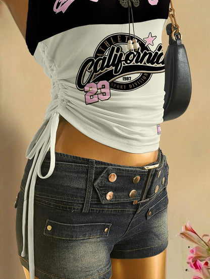 cropped top  ，Women's Summer Drawstring Tie Front Cutaway Tapered Tank Top, Fashionable Resort-Fit Sporty Print Strappy Top