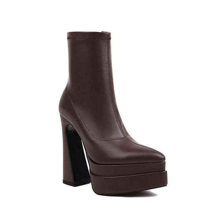 New 2026 Style Fashion High-heeled Women's Boots Solid PU Pointed Toe Zipper Platform Square Heel Women's Boots