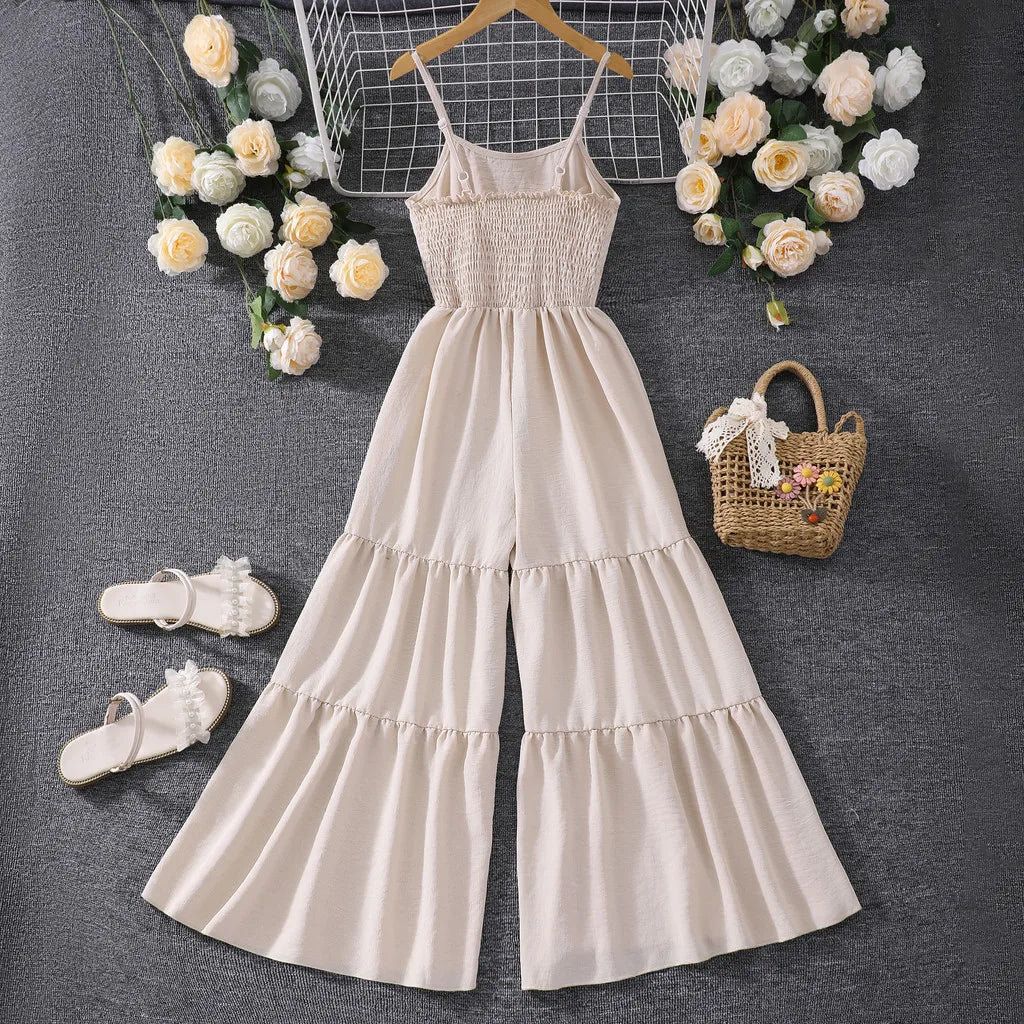 2025 Kids Girl Apricot Jumpsuit Children Romper Summer Sling Solid Casual Vacation Cute Teen Girl Clothing Set 7 8 9 10 11 Yrs