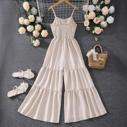 2025 Kids Girl Apricot Jumpsuit Children Romper Summer Sling Solid Casual Vacation Cute Teen Girl Clothing Set 7 8 9 10 11 Yrs