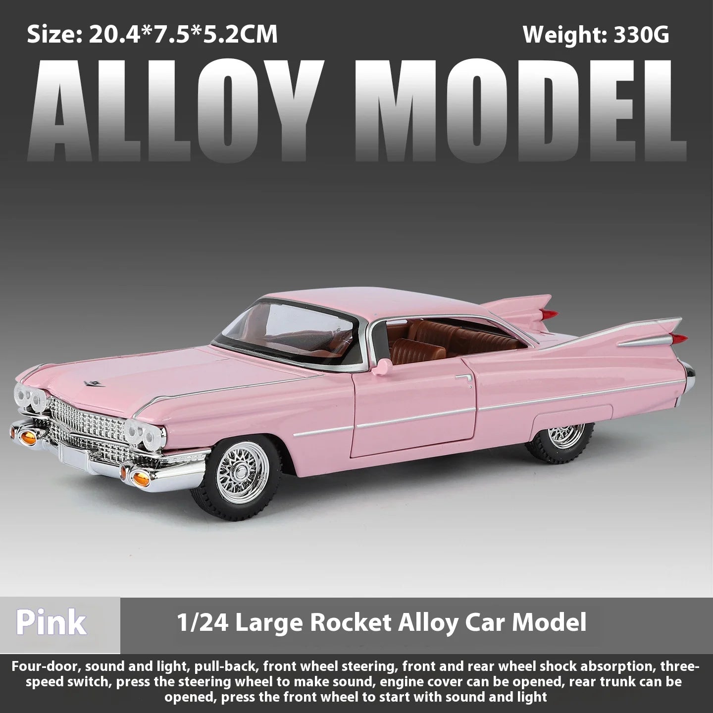 Cadillac Eldorado 1959 Metal Diecast Retro Car Model 1/24 Scale Sound and Light Back Pull Boy Gift Ornament Halloween Toys