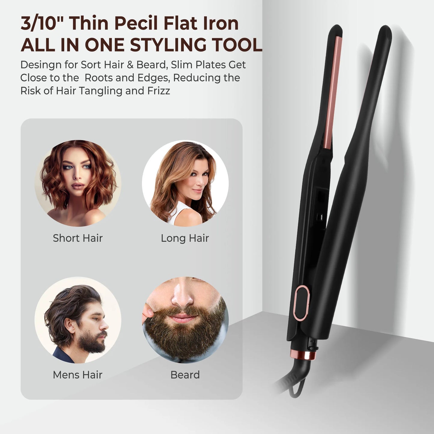 Small Flat Iron for Short Hair, Temperature Adjustable Pencil Flat Iron Fast Heat Up Beard Straightening Iron