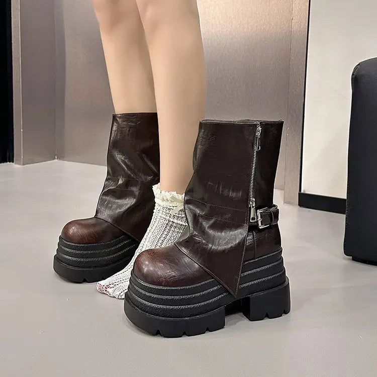 NEW Women's Leather Ankle Boots 10CM Heels Chunky Platform Combat Boots Non Slip Motorcycle Shoes Woman Punk Boots