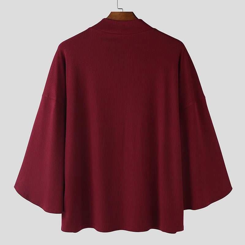 INCERUN Men T Shirt Solid Turtleneck 3/4 Sleeve Fashion Male Tee Tops Knitted Korean Style Streetwear 2026 Casual Men Clothing