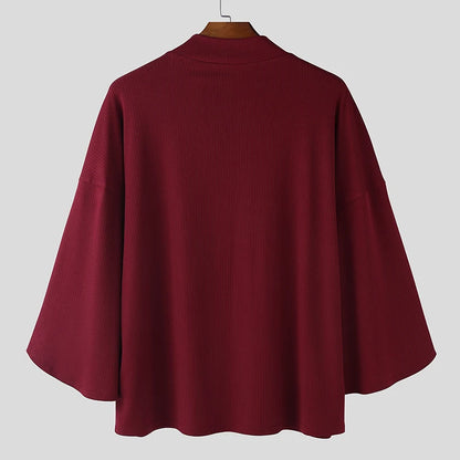 INCERUN Men T Shirt Solid Turtleneck 3/4 Sleeve Fashion Male Tee Tops Knitted Korean Style Streetwear 2026 Casual Men Clothing