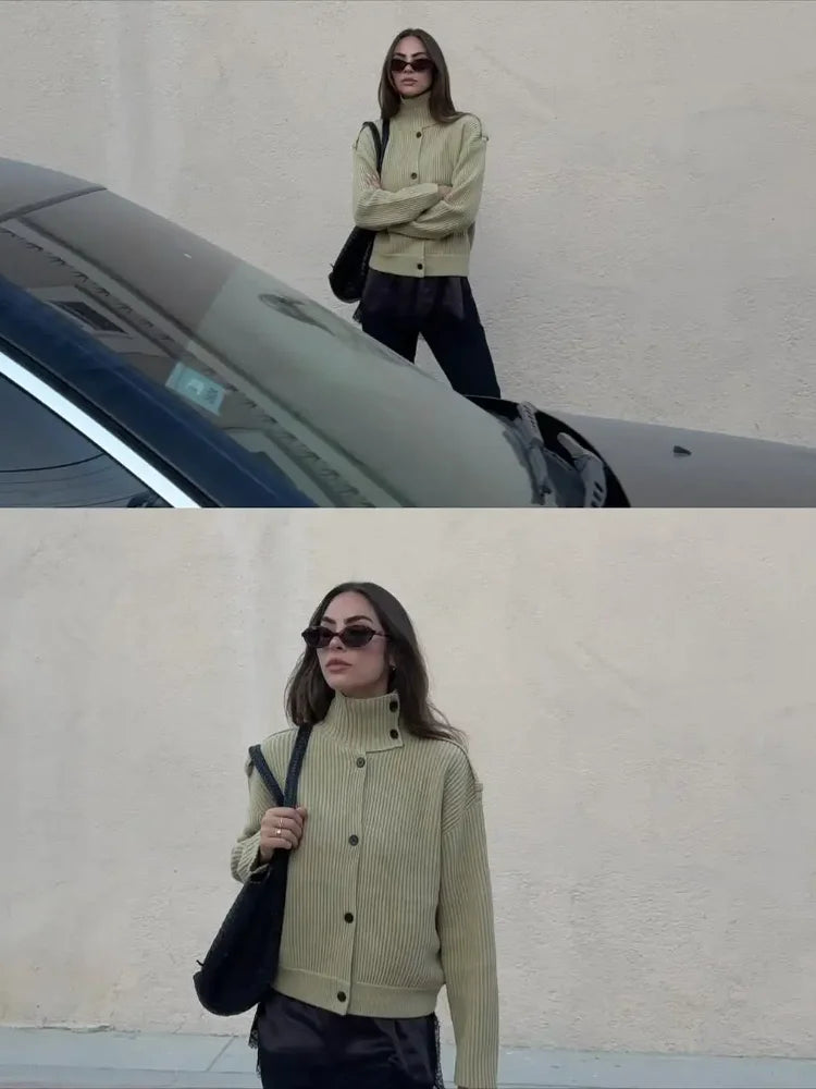 Women Solid Stand Neck Knitted Cardigan Casual Elegant Full Sleeve Fit Short Sweater 2026 Lady Winter Daily Commuting Knitwear