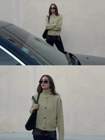 Women Solid Stand Neck Knitted Cardigan Casual Elegant Full Sleeve Fit Short Sweater 2026 Lady Winter Daily Commuting Knitwear