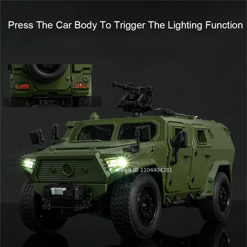 Dongfeng M-Terrain 1:18 Alloy Car Toys Miniature Model Diecast Military Vehicle Sound Light Pull Back Doors Opened Kid Xmas Gift