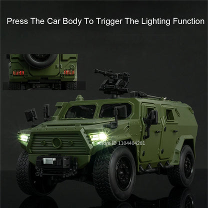 Dongfeng M-Terrain 1:18 Alloy Car Toys Miniature Model Diecast Military Vehicle Sound Light Pull Back Doors Opened Kid Xmas Gift