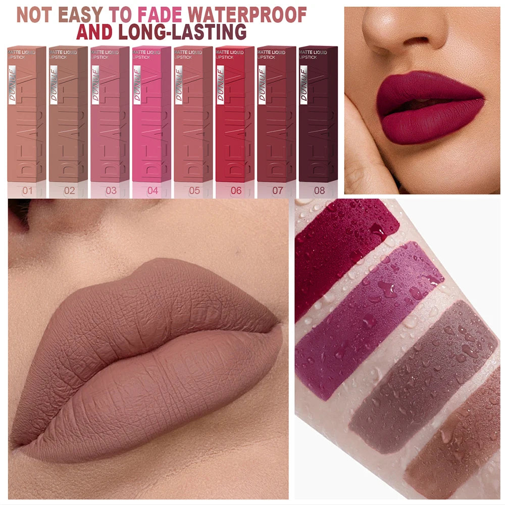 DUNUF  8-color matte velvet smooth easy-to-apply square tube lip gloss waterproof three-dimensional plumping lipstick