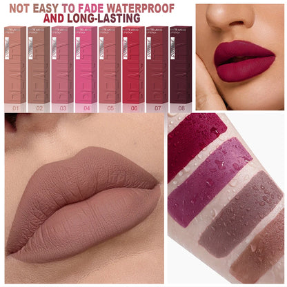 DUNUF  8-color matte velvet smooth easy-to-apply square tube lip gloss waterproof three-dimensional plumping lipstick