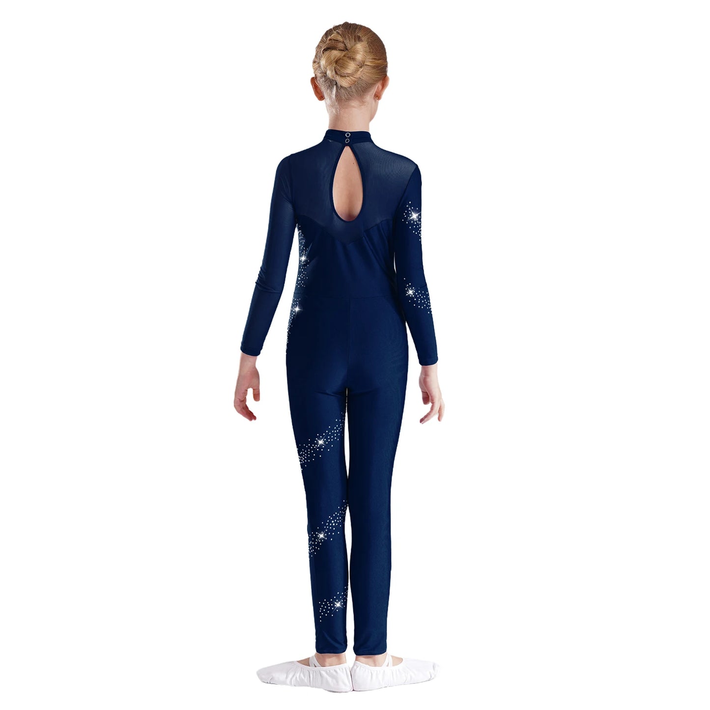 Kids Girls Ballet Dance Gymnastics Leotard Figure Skating Acrobatics Yoga Bodysuit Long Sleeve Shiny Rhinestone Mesh Jumpsuit