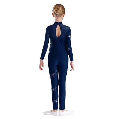 Kids Girls Ballet Dance Gymnastics Leotard Figure Skating Acrobatics Yoga Bodysuit Long Sleeve Shiny Rhinestone Mesh Jumpsuit