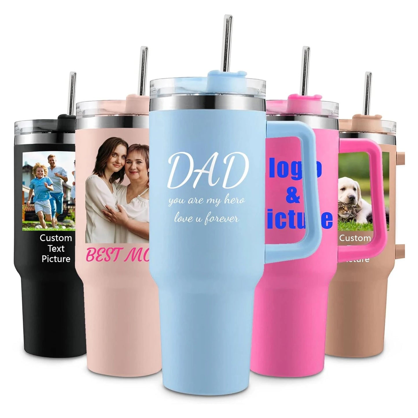 Personalized 40oz Customized Thermos Cups/Handle & Straw - Custom Name/Photo Insulated Stainless Steel Cup