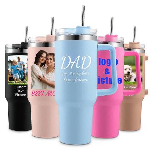 Personalized 40oz Customized Thermos Cups/Handle & Straw - Custom Name/Photo Insulated Stainless Steel Cup