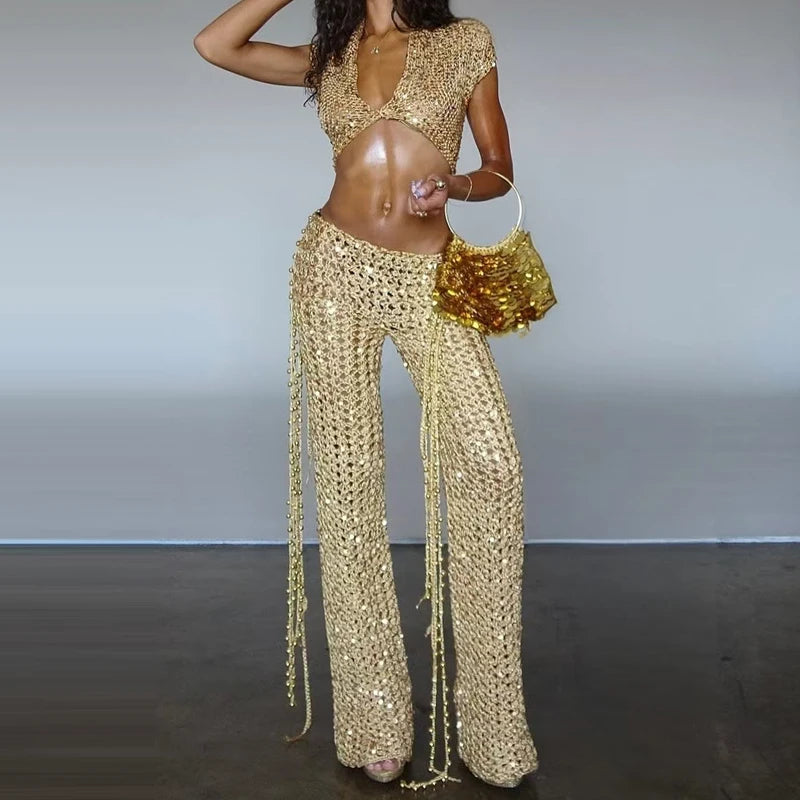 Women Fashion Sequined Party Set Casual Short Sleeve Tassel Mini Skirt 2Pc Suits 2026 Elegant V-neck Crop Top with Skirt Outfits