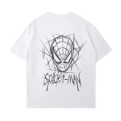 Spider Man New 2026 Back Print Graffiti Line Art T Shirt Men Women Summer Cotton Short Sleeve O Neck Oversized Black Streetwear Tops