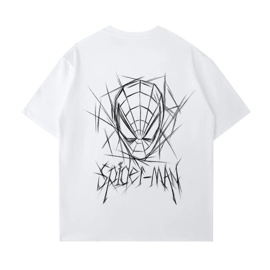 Spider Man New 2026 Back Print Graffiti Line Art T Shirt Men Women Summer Cotton Short Sleeve O Neck Oversized Black Streetwear Tops