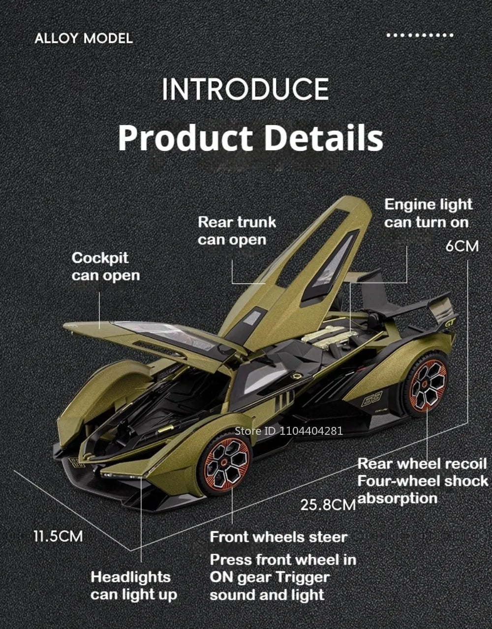 Lambor V12 Apollo EVO 1:18 Model Car Diecast Alloy Car Doors Opened Sound Light Pull Back Miniature Sportscar Collect Decoration