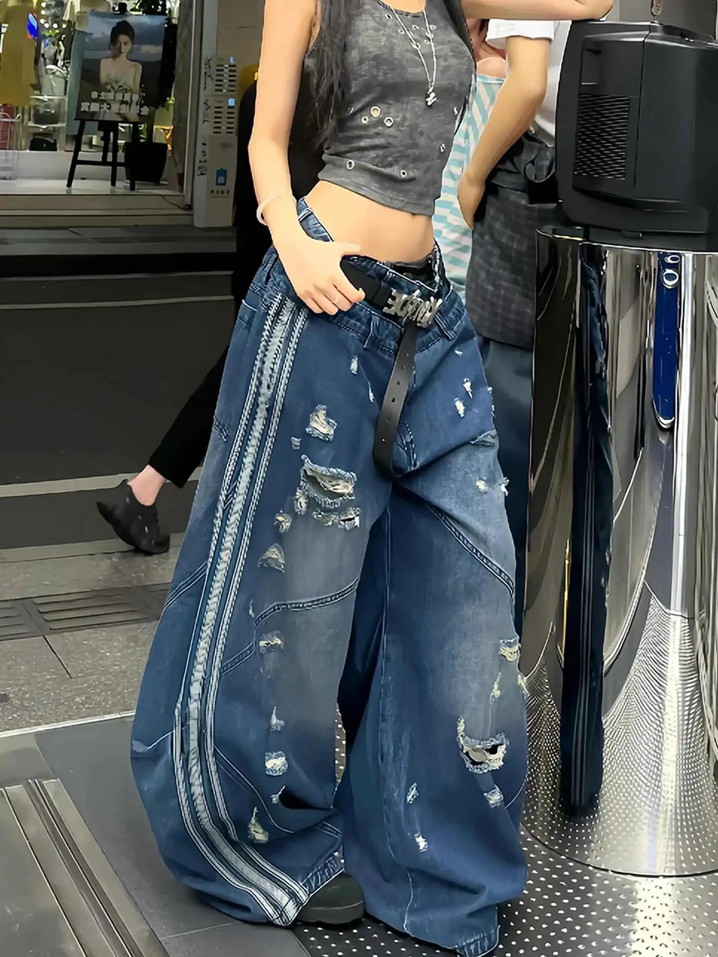 Vintage Blue Women Ripped Jeans High Waist Hip Hop Straight Baggy Denim Pants Streetwear Y2K American Retro Wide Leg Trousers