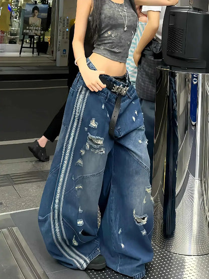 Vintage Blue Women Ripped Jeans High Waist Hip Hop Straight Baggy Denim Pants Streetwear Y2K American Retro Wide Leg Trousers