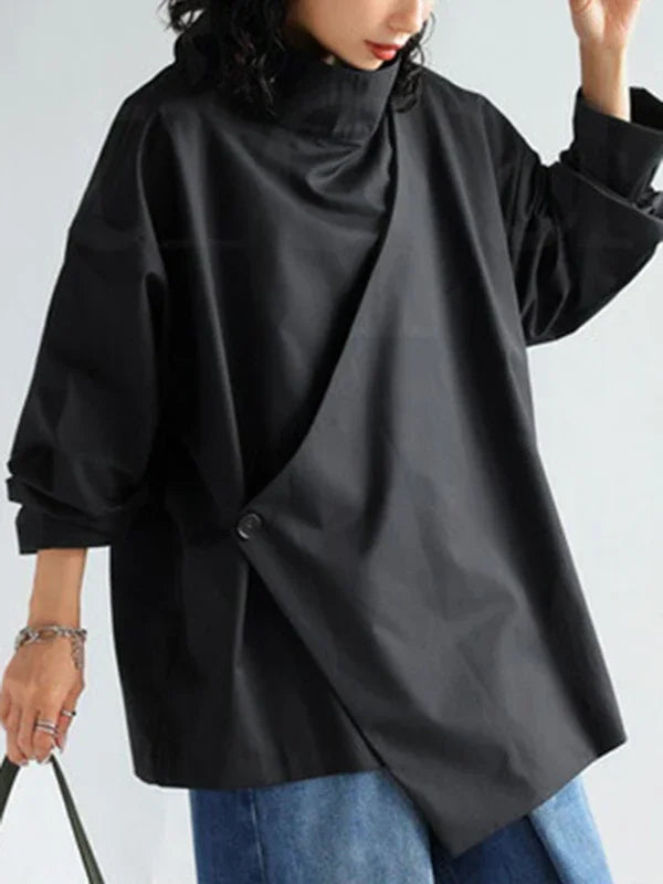 Gymystars 2026 New Black Long Sleeves Loose High Neck T-Shirts Tops Womens Spring Autumn Buttoned Casual Simpie Top