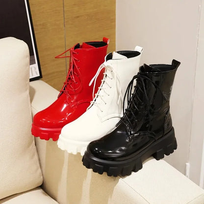 High End Women Boot Fashion Patent Leather Ankle Boots Exquisite Lace Platform Boots for Woman Luxury Designer Shoes Botas Mujer