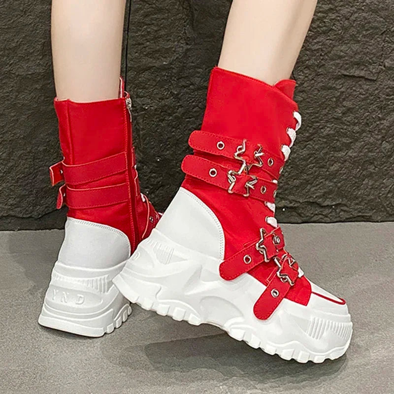 New Rock Platform Y2K Boots Women Summer 2026 Gothic Metal Star Belt Buckle Thick Sole Mid Calf Boots Woman Designer Punk Shoes