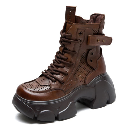 DRKANOL 2026 Summer Cool Boots Women 100% Genuine Leather Round Toe Hollow Out Breathable Thick High Heel Platform Ankle Boots