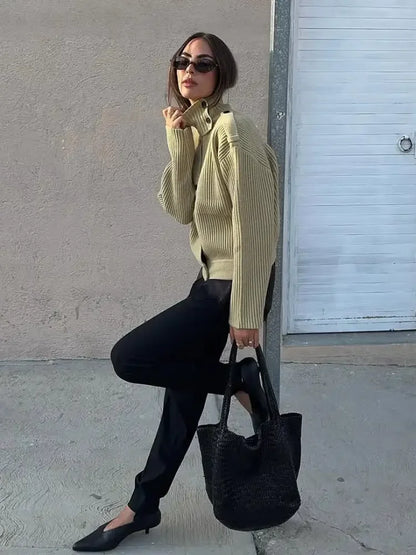 Women Solid Stand Neck Knitted Cardigan Casual Elegant Full Sleeve Fit Short Sweater 2026 Lady Winter Daily Commuting Knitwear
