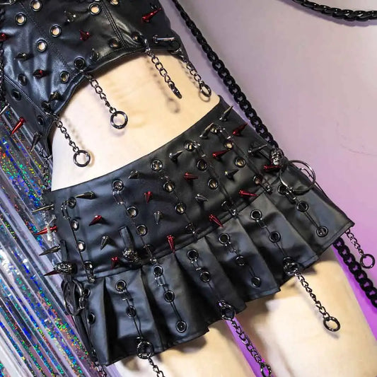 Harajuku 90s Emo Punk Rock Studded E-Girls Teen Grunge DIY Gothic Skirts Y2K Vegan Leather Hand Made Trendy Kawaii Eco Chain