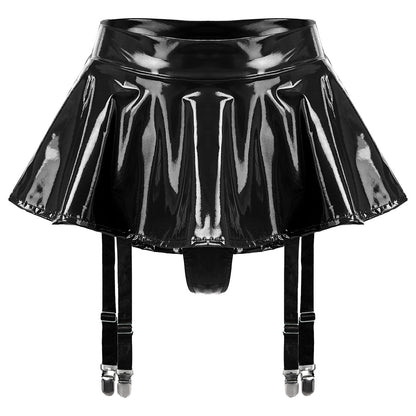 Sexy Womens Glossy Patent Leather Ruffle Mini Skirt Built-in Thongs Garter Belts Metal Clips Shorts Miniskirt Wet Look Clubwear